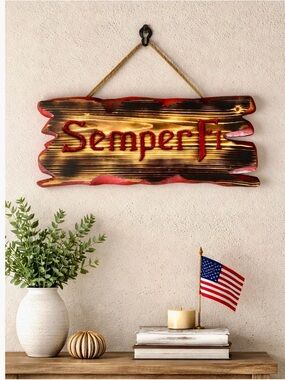 Semper Fi Rustic Wood Wall Sign in Red and Burnt Wood